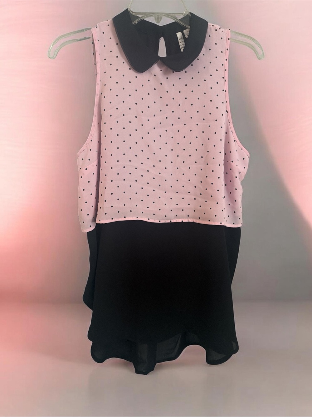 ELLE Pink & Black Polka Dot Sleeveless Blouse with Peter Pan Collar